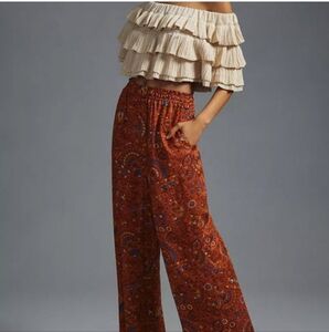 Orange Anthropologie Floral Wide Leg Pants